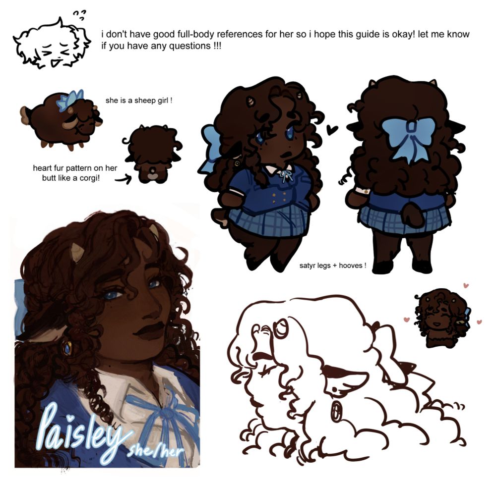 collage of various images of paisley compiled together as a quick reference photo along with design notes. these include a small sheep-ified version of her, chibis of her front and back, a profile, and a side profile. she's silly and i love her. 