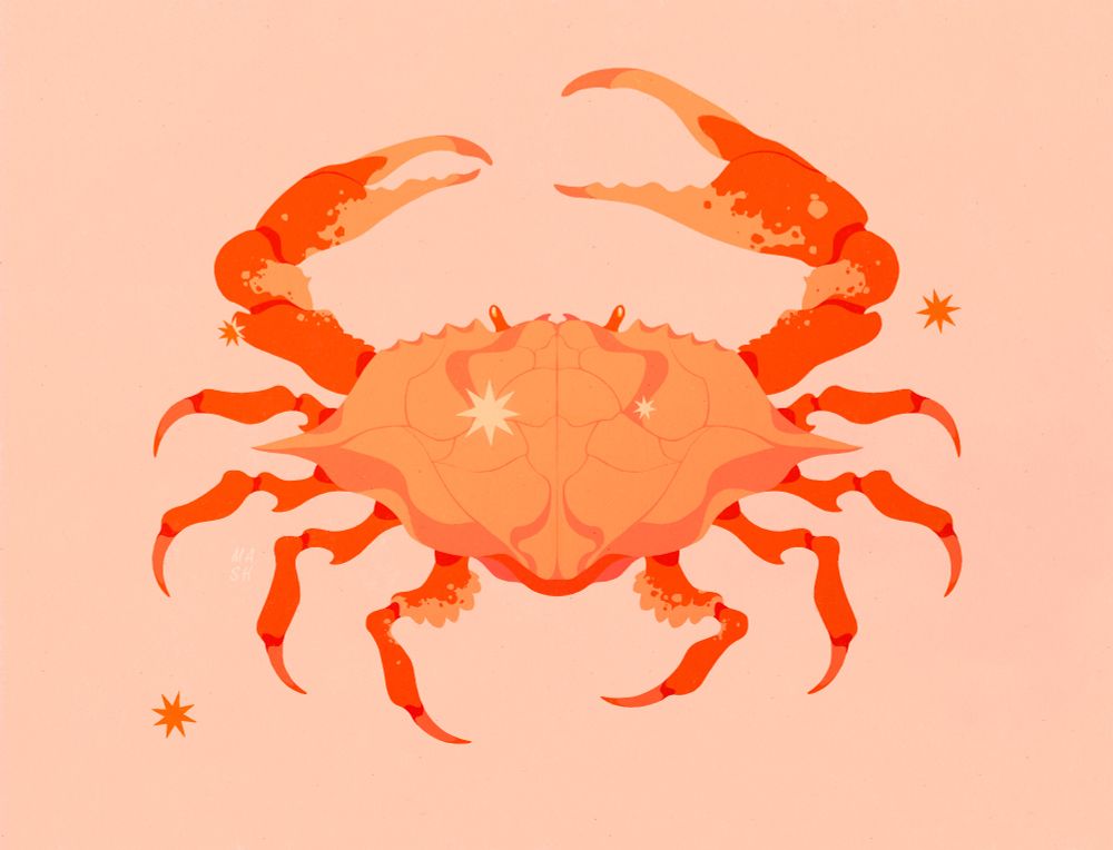 Illustration of a peach toned and red crab with the Cancer constellation around it as stars. The crab is on a light peach background 