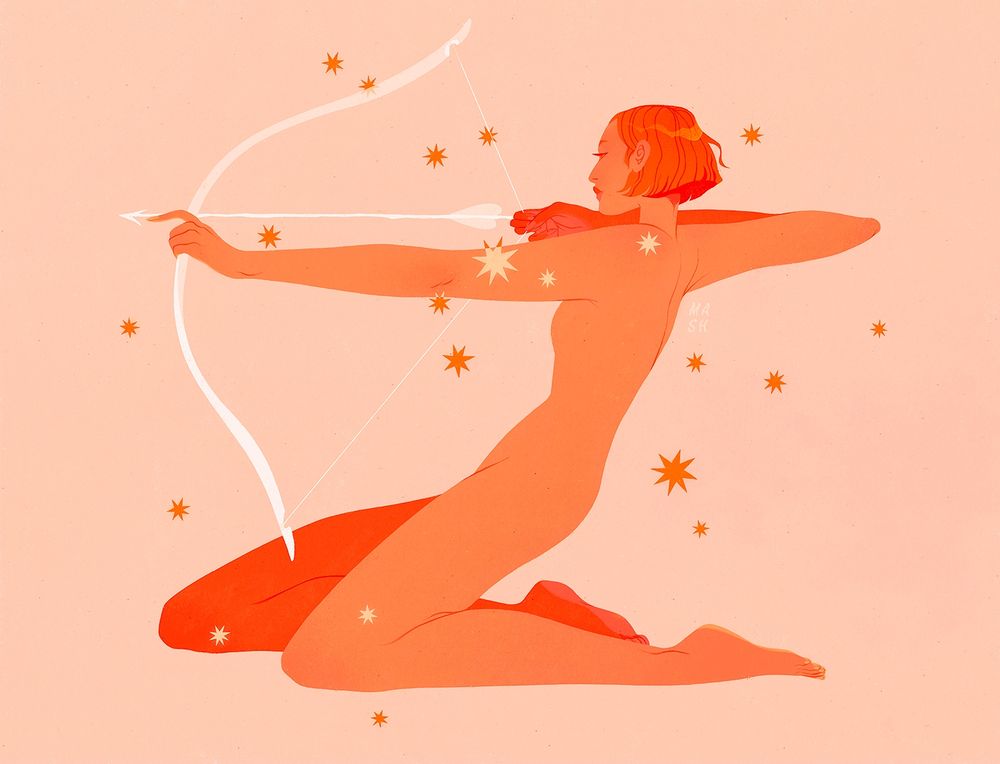 Illustration of a woman with short hair kneeling back on the ground and pulling the string of a bow tight. She is holding a white arrow and prepared to let go. Around her is the Sagittarius constellation that is made of orange and pale yellow stars. The background is a pale peach, the woman is made up of oranges and reds.
Illustration of a woman with short hair kneeling back on the ground and pulling the string of a bow tight. She is holding a white arrow and prepared to let go. Around her is the Sagittarius constellation that is made of orange and pale yellow stars. The background is a pale peach, the woman is made up of oranges and reds