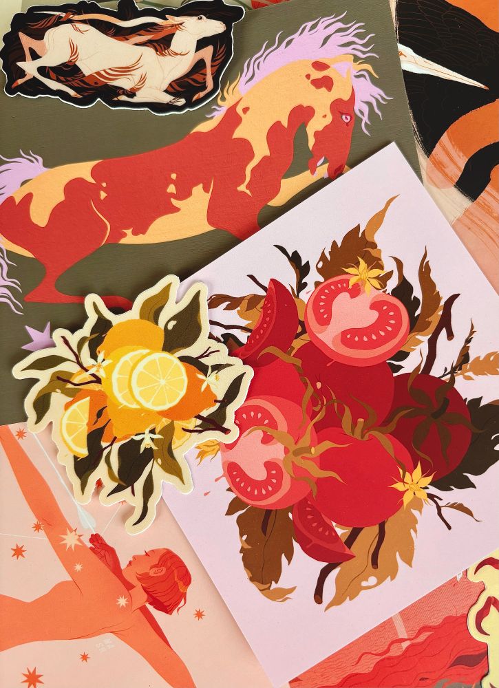 A pile of Samantha Mash Illustration postcard-style mini prints and stickers