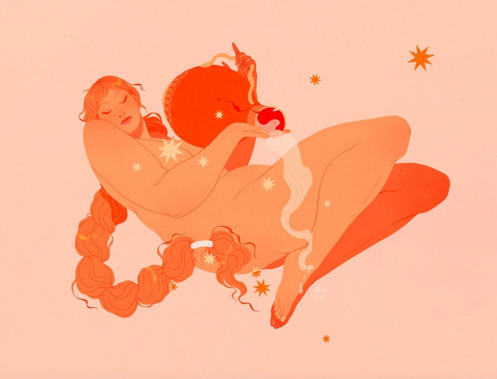 Illustration of a woman with long hair in a twisted ponytail laying on her side and pouring out a basin of water. The basin is a vase that has cracks in it. Around her is the Aquarius constellation that is made of orange and pale yellow stars. The background is a pale peach, the woman is made up of oranges and reds