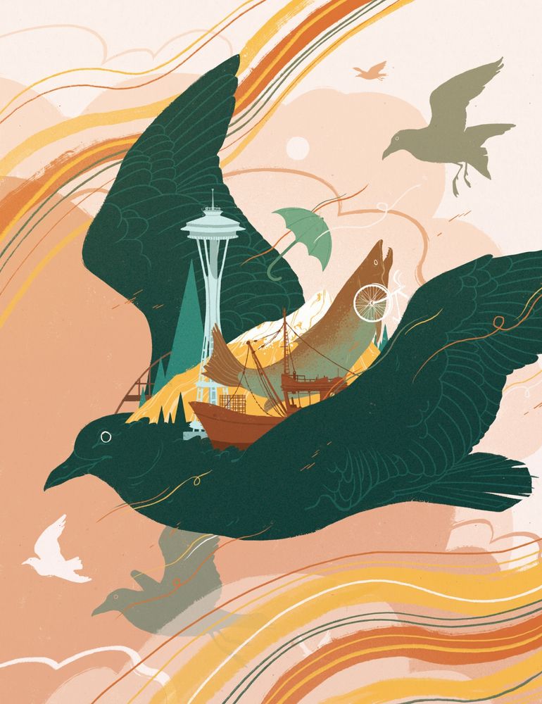 Illustration of a dark teal seagull flying through the clouds with smaller distant seagulls flying near it. On the center bird's back are icons and landmarks of the Pacific Northwest 
