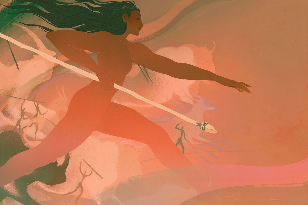 Illustration made for November 2023 issue of Scientific American for a piece called Woman the Hunter. The illustration is of a woman with one arm outstretched and the other holding a spear. Her hair flies behind her. The background is of cave-painting like buffalo, rhinos, antelope, and people hunting said animals