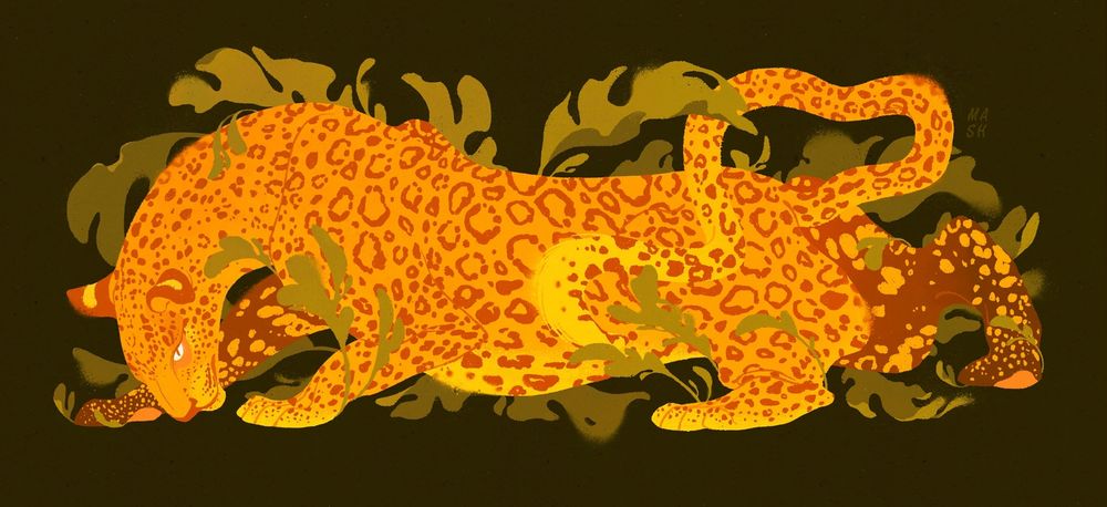 An illustration of a golden leopard kneeling among round green leaves on a dark emerald background