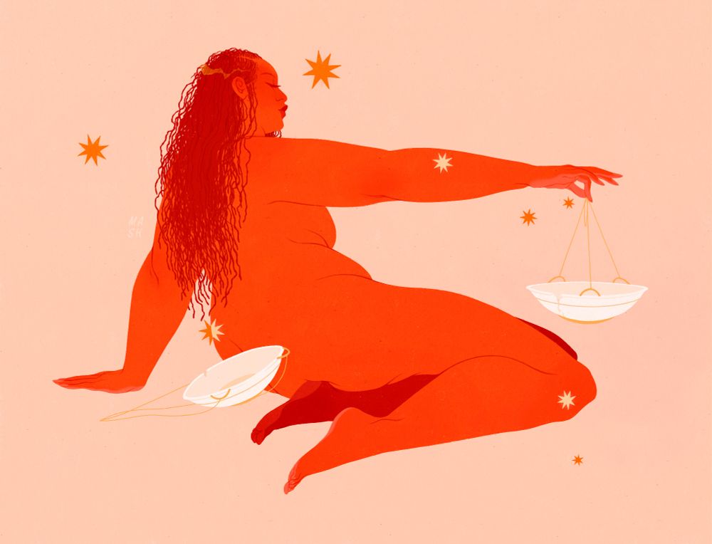 An illustration of a woman holding up a plate/dish, with another laying behind her. Both basins are partly cracked or chipped. She rests on her side with a hand placed backwards to balance her. She is surrounded by the Libra constellation of stars on a peach toned background