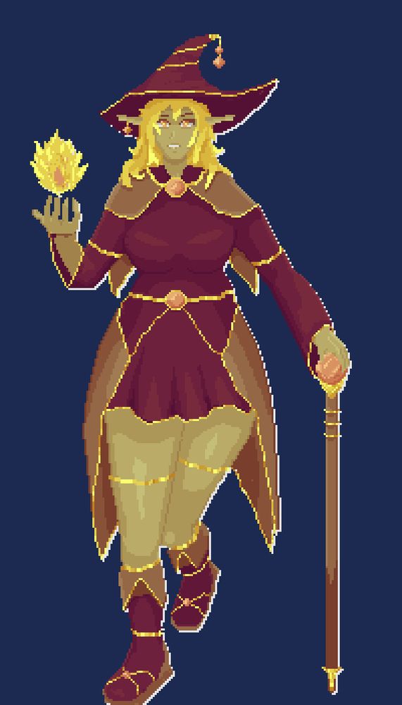 Thick elf girl wearing a red dress and a witch hat with gold trimmings,  channeling some fire in her right hand and leaning on her cane like a bad bitch.  