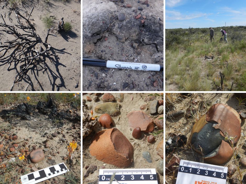 Figure 2 from the manuscript. Top panel: effects of fire on the landscape observed in 2021 and 2022. Bottom panel: burned surface lithic scatters showing effects such as fractures and color changes.