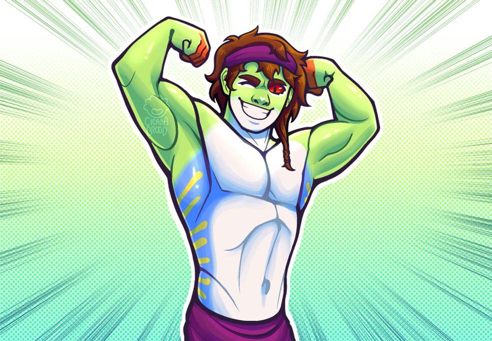 Hopscotch, a shirtless, male humanoid with red-eyed tree frog physical attributes, flexing both arms for the camera.