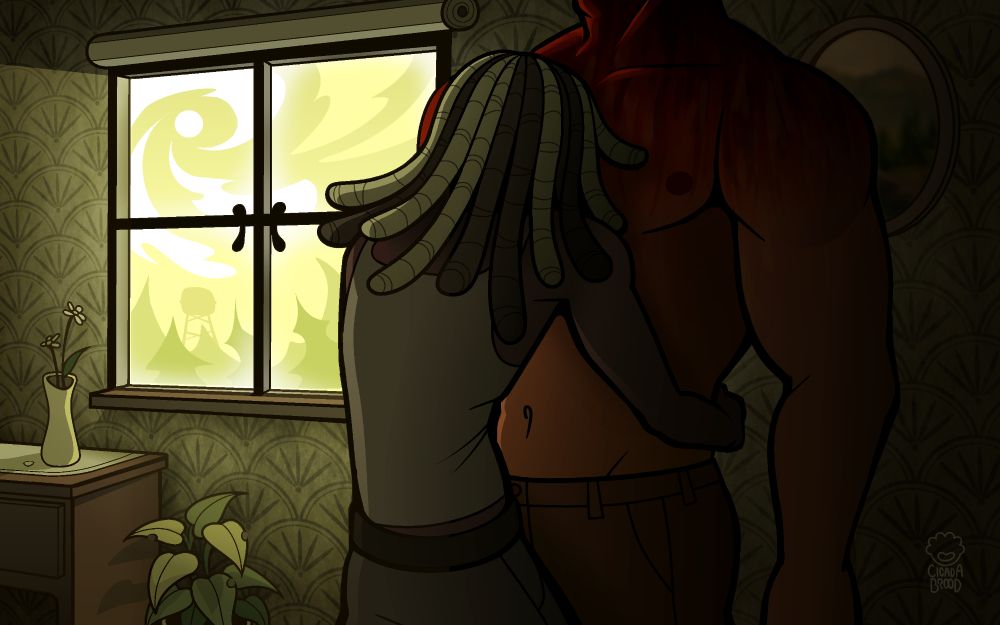 A digital art drawing that features two characters from Docoronpa R in a scene. Welder hugs Cowboy and presses their head to his chest, while Cowboy stands still with his arms completely limp. His upper body is covered in blood and his head is just out of frame. They stand in an antique-looking room with a bright window casts the two characters in shadow.