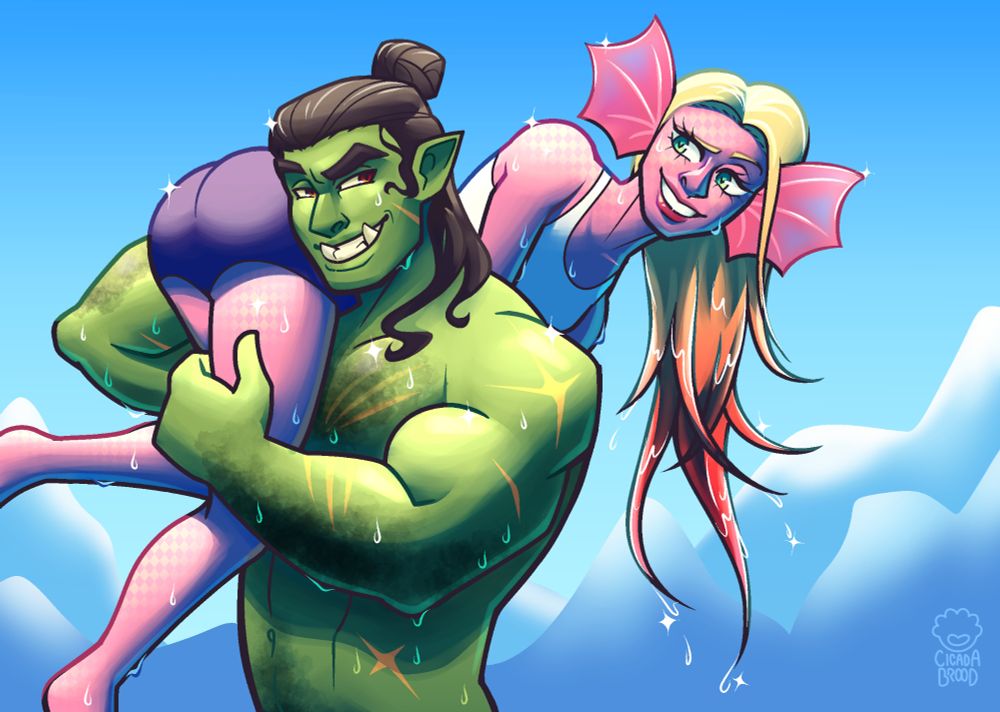 Xu carrying Kyrio over his shoulder like a sack of flour after having picked him up and out of the water. They're in a secluded pond in the mountains.