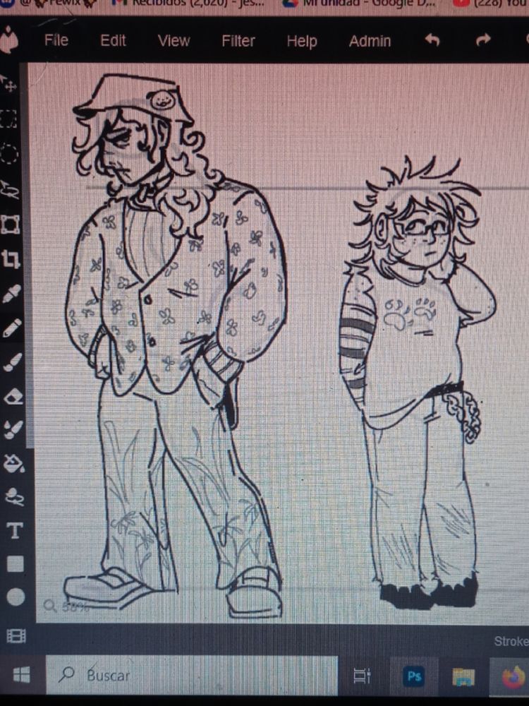 A photo of a laptop monitor featuring a drawing of two characters with their fashion styles swapped.