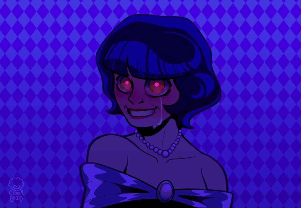 A bust shot of Mireille in a satin dress and pearl jewellery, holding eye contact with the camera with a forced smile and a single tear running down her cheek. The scene is dimly lit in indigo blue, save for Mireille's pupils which glow bright pink.
