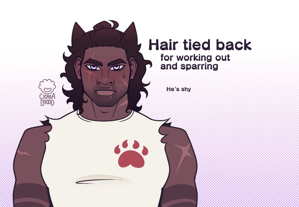 Alternate version of the previous drawing with his hair tied back to showcase Kovi's facial features. He's blushing and has a droplet of nervous sweat on his cheek. Text reads "Hair tied back for working out and sparring. He's shy."