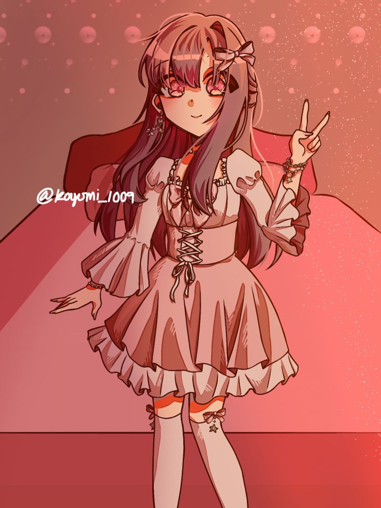 An art of a girl wearing a pink dress and pink bows in the bedroom with sparkles and orange lights