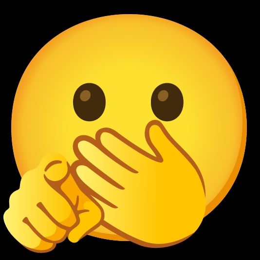 Smiley face with one hand over mouth and the other pointing.