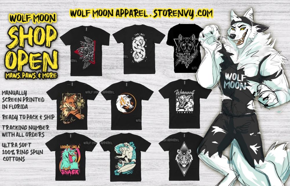 Advertisement image for apparel - it has a drawn werewolf on the right.