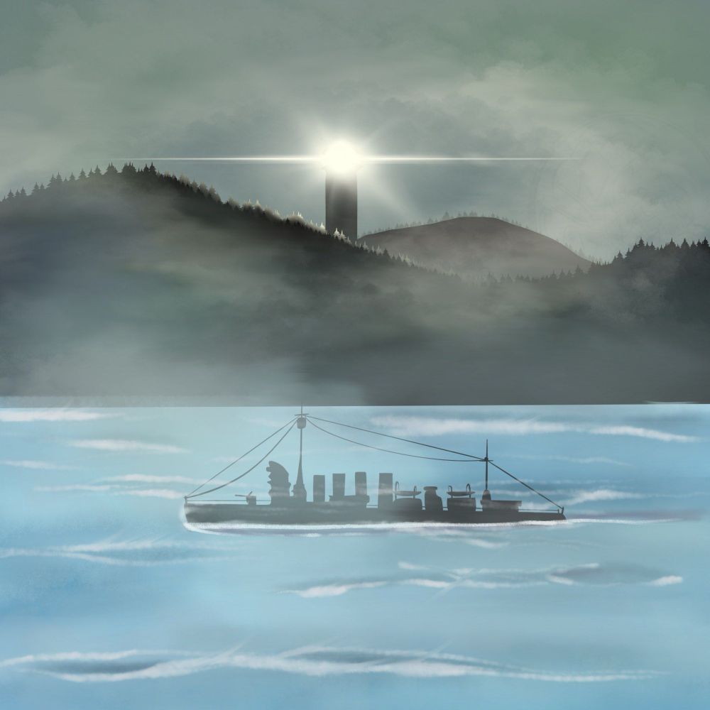 My oc goddess of virtue off a rocky shore with a distant lighthouse shining over everything with a cascade of fog.