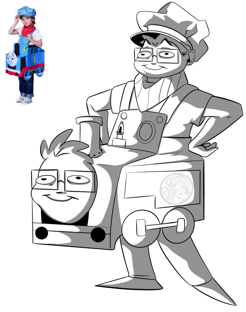 My art sona in one of those weird Thomas the tank costumes, poorly drawn, black and white, with reference photo top-left. 