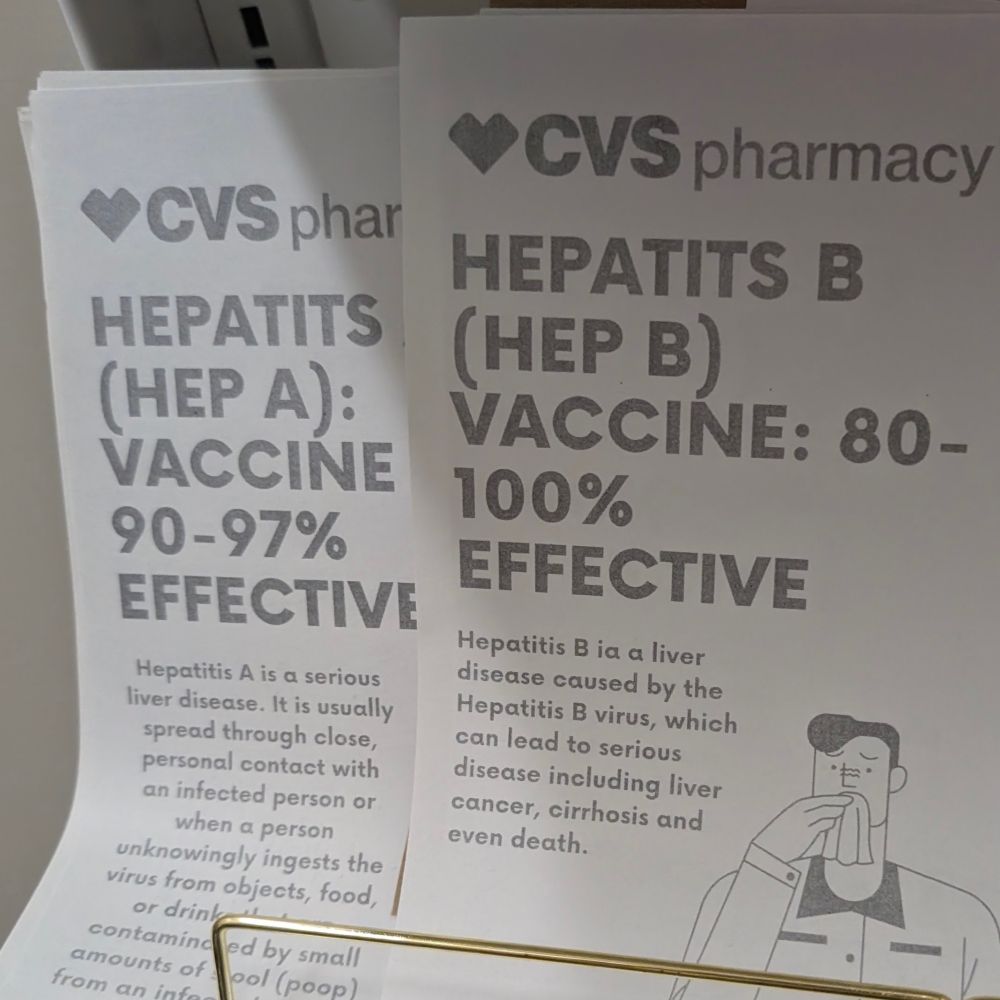 A couple flyers at the local CVS
touting the effectiveness of the vaccines against Hepatitis A and B.

Except Hepatitis has been misspelled on both, omitting the final "i" so it instead says "Hepatits"