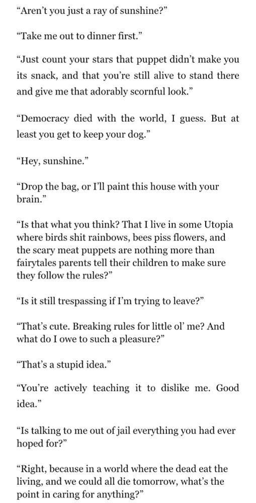 A screenshot of out-of-context dialogue from a character from Alice B. Sullivan’s upcoming zombie fiction novel YESTERDAY’S GONE. The in-image text is too long to paste in the ALT text section.