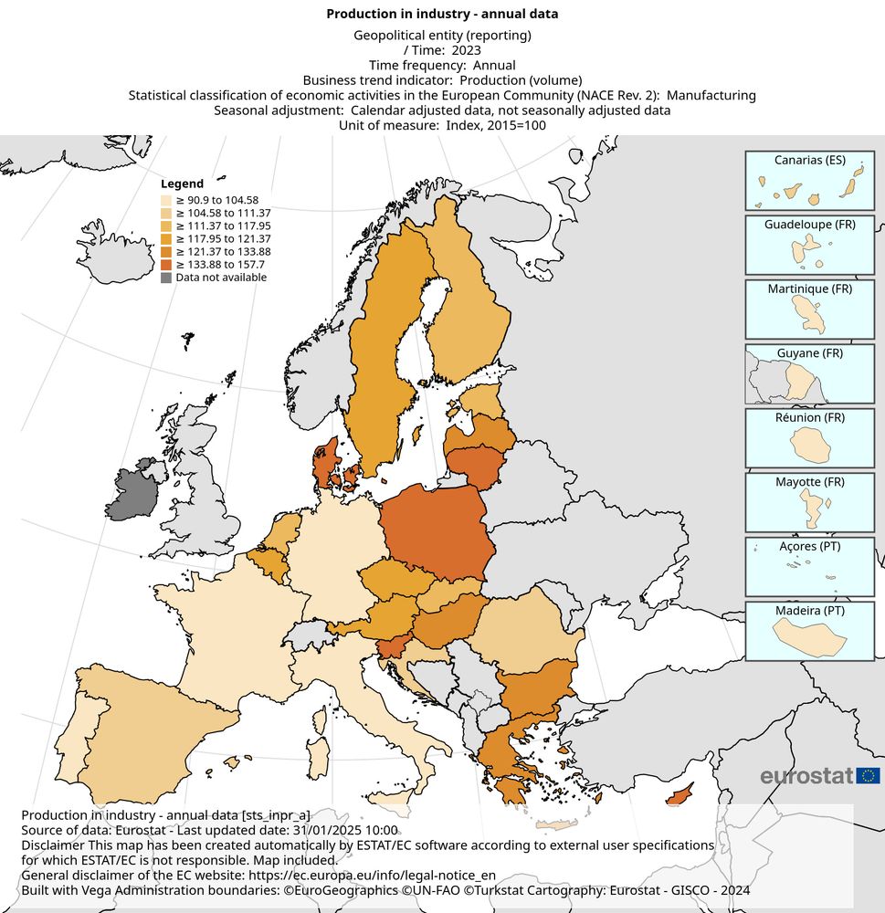 A map showing the industrial production in EU member states in 2023 in relation to their 2015 volumes. Germany, Italy, France, Luxembourg, Portugal are in the 90-105% range. Others are above 105%, some of them even above 133%.