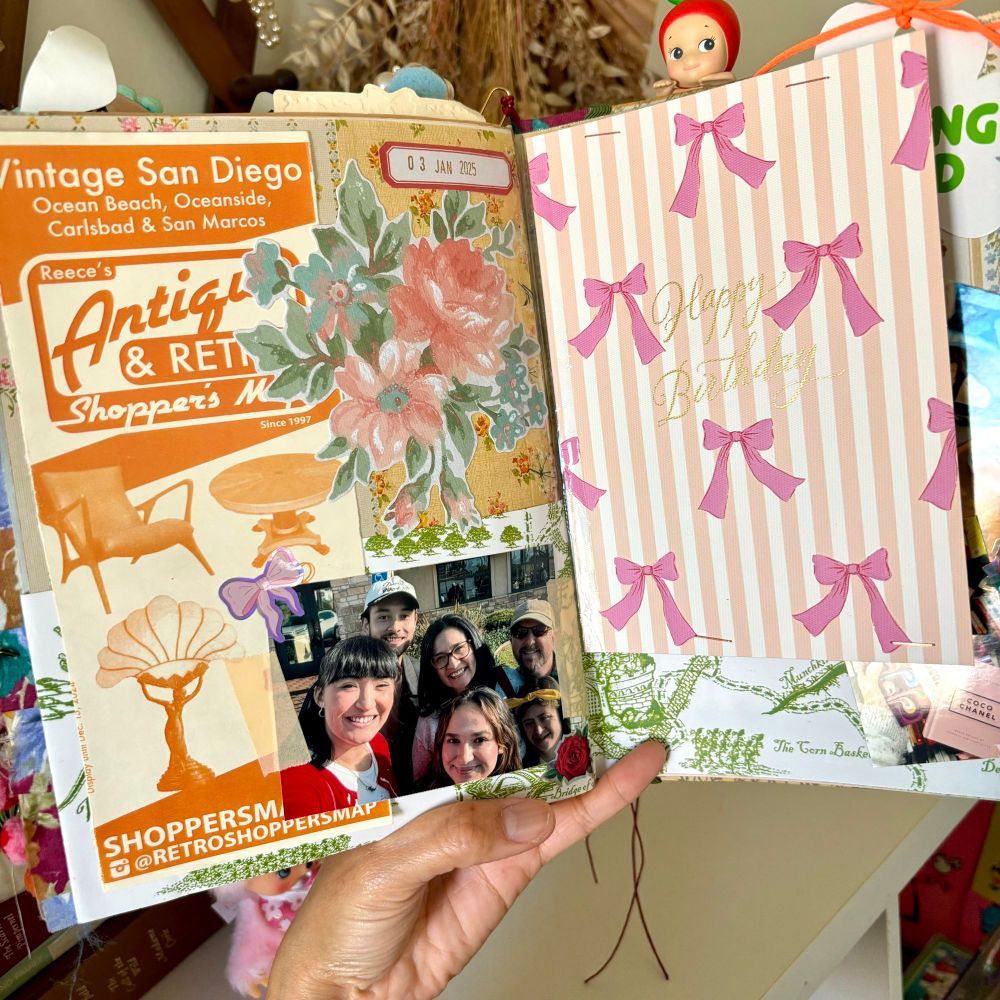 Birthday junk journal layout with a family photo, a retro flyer from an antique mall, and time holt flower ephemera 