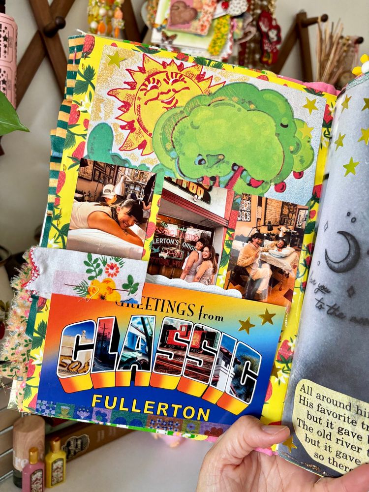 Journal layout with photos of my daughters getting tattoos. Vintage book page of a sun. The postcard for classic tattoo. 