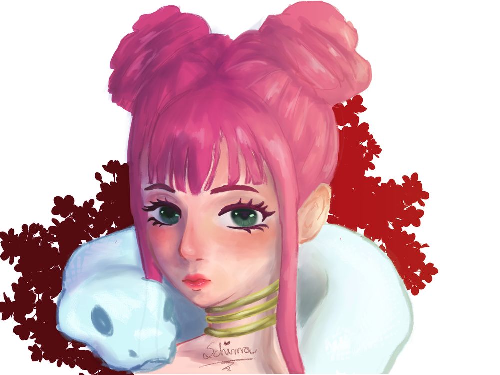 uma pintura digital de uma moça de cabelos rosados, usando colares de ouro e com uma cobra enrolada nos ombros