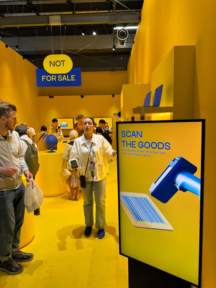 Goods with barcodes that can be scanned with a sign hanging above saying “Not for Sale”