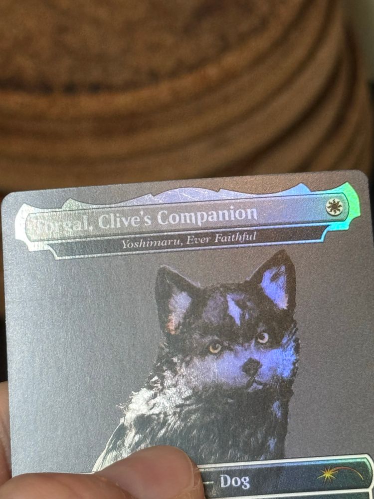 A view of Torgal, Clive’s Companion promo MTG card that shows several small scratches on the foiling.