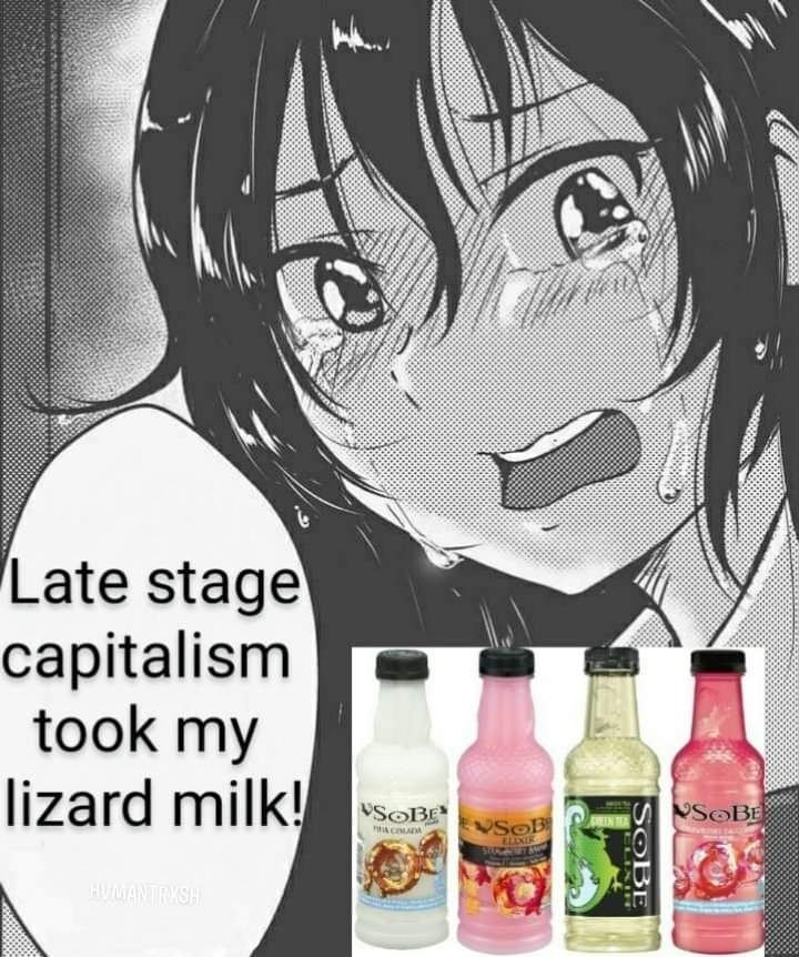 Anime girl saying "late stage capitalism took my lizard milk!". There are 4 flavors of Sobe drink in the bottom right corner