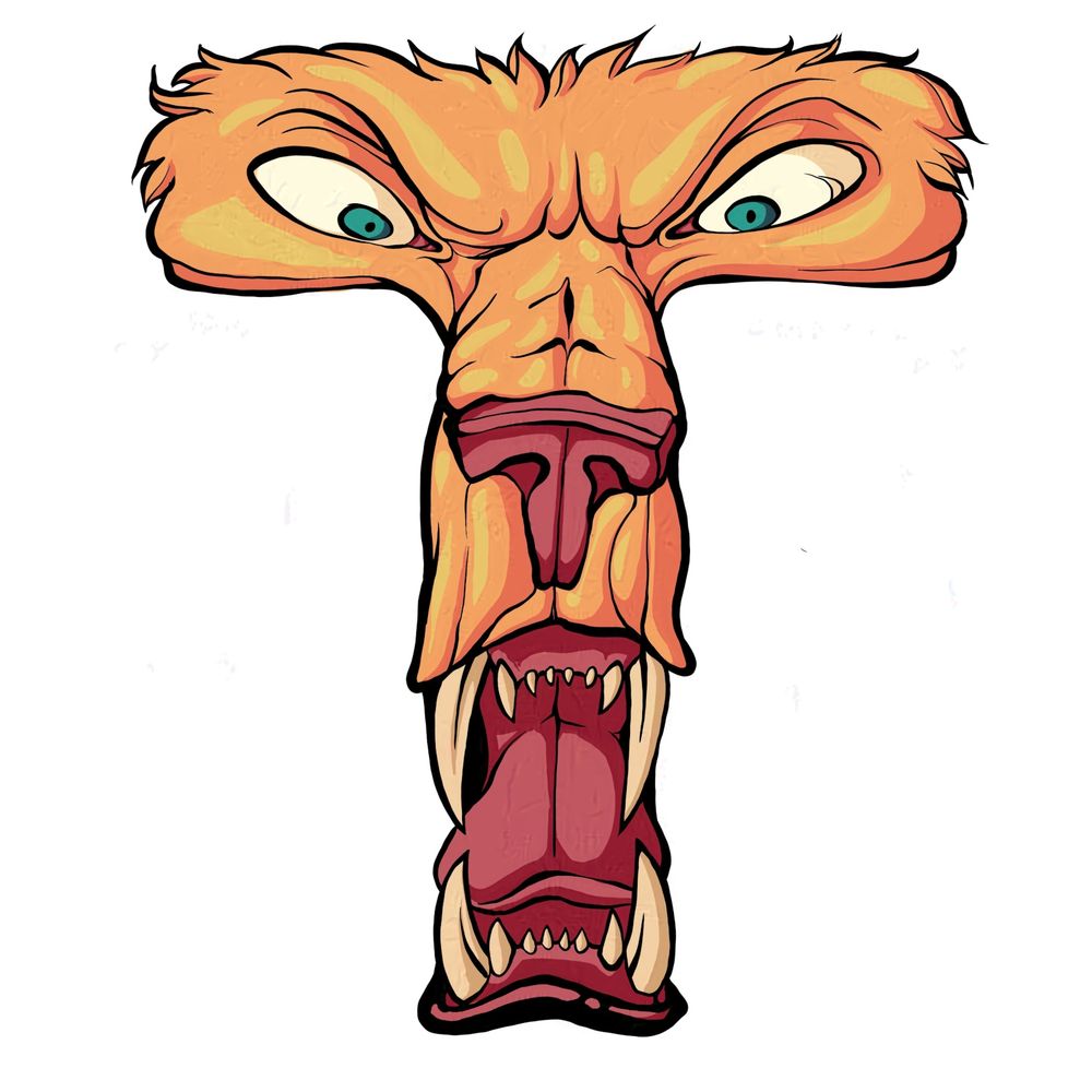 A furry orange monster with a bear's nose and mouth, teeth bared, drawn in the shape of the letter T.