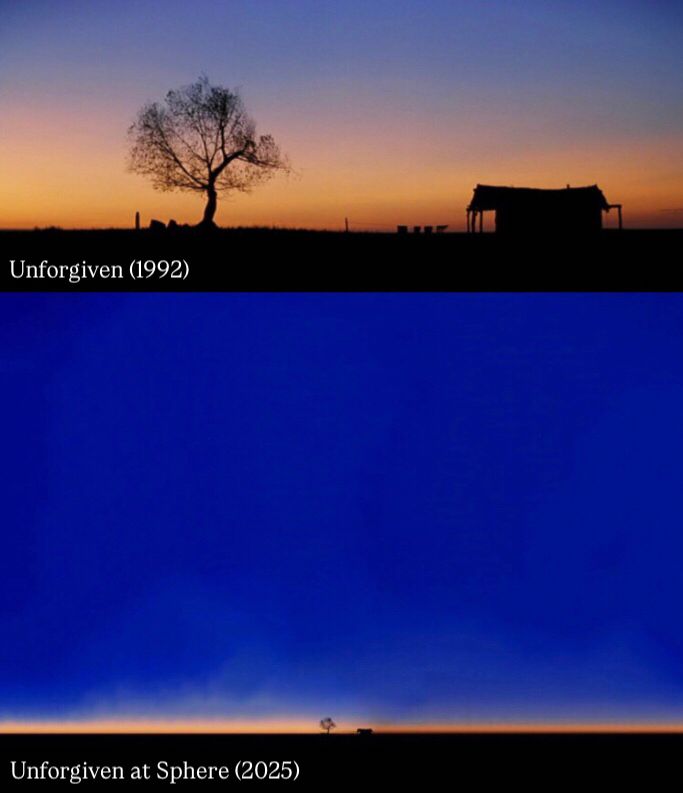 Unforgiven (1992) and Unforgiven at Sphere (2025)

Top image is the iconic opening sunset silhouette of a barn and one bare tree, the bottom image an absurdly extrapolated version of the same such that the barn and tree are 1% of the image and the image is almost entirely sky 