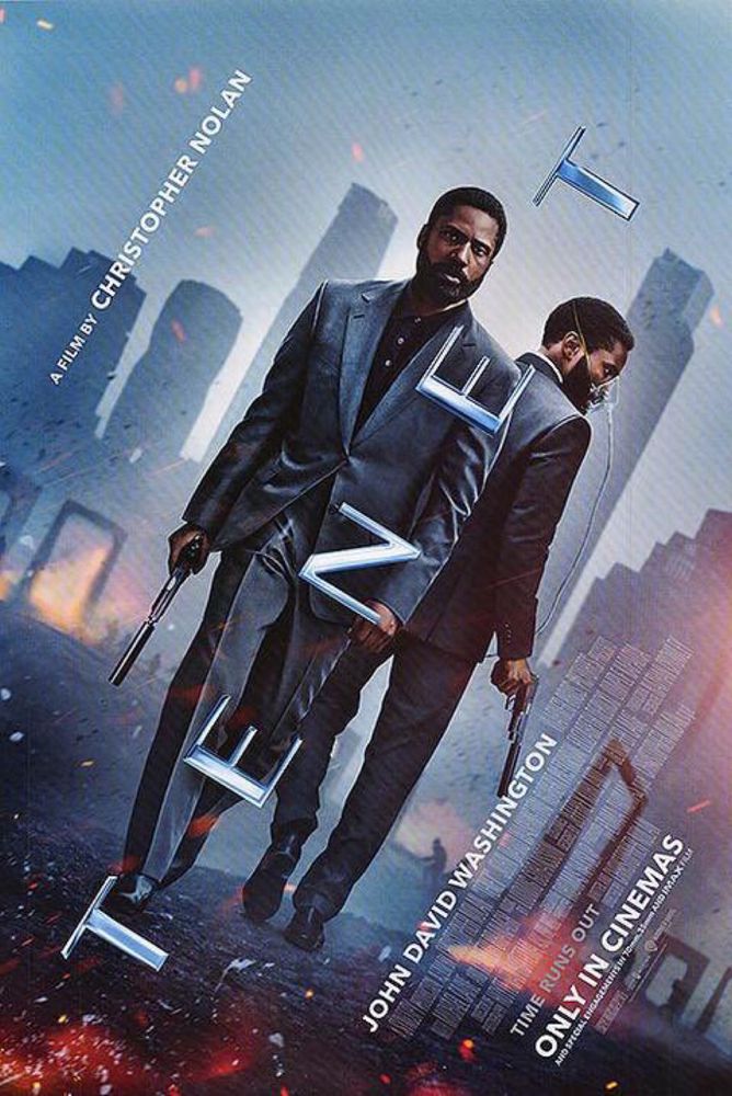 Tenet poster where the protagonist passes himself on the street