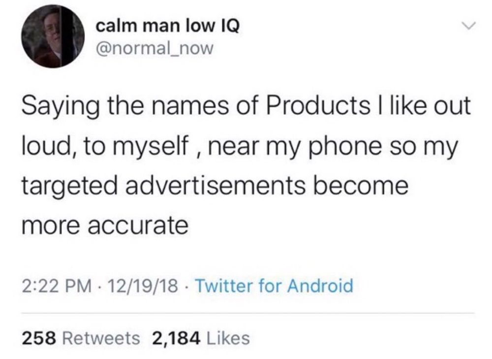 @normal_now Saying the names of Products I like out loud, to myself, near my phone so my targeted advertisements become more accurate 