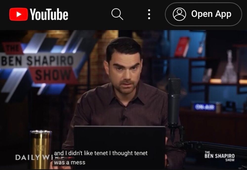 A screenshot of been Shapiro saying that he did not like the movie tenet