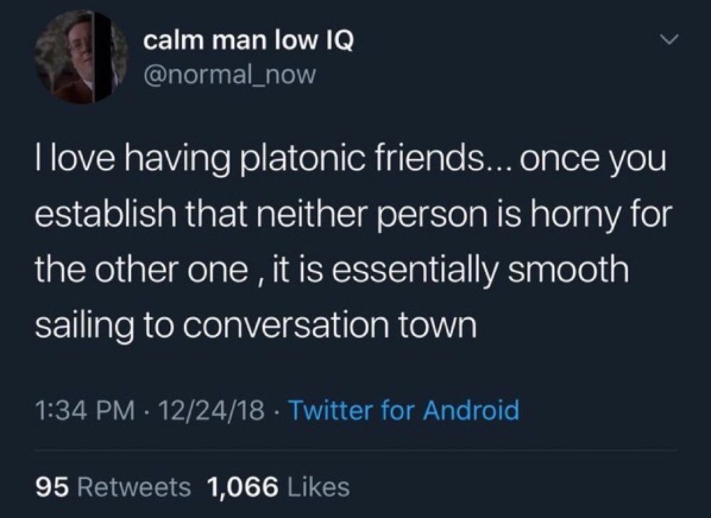 @normal_now I love having platonic friends... once you establish that neither person is horny for the other one , it is essentially smooth sailing to conversation town 