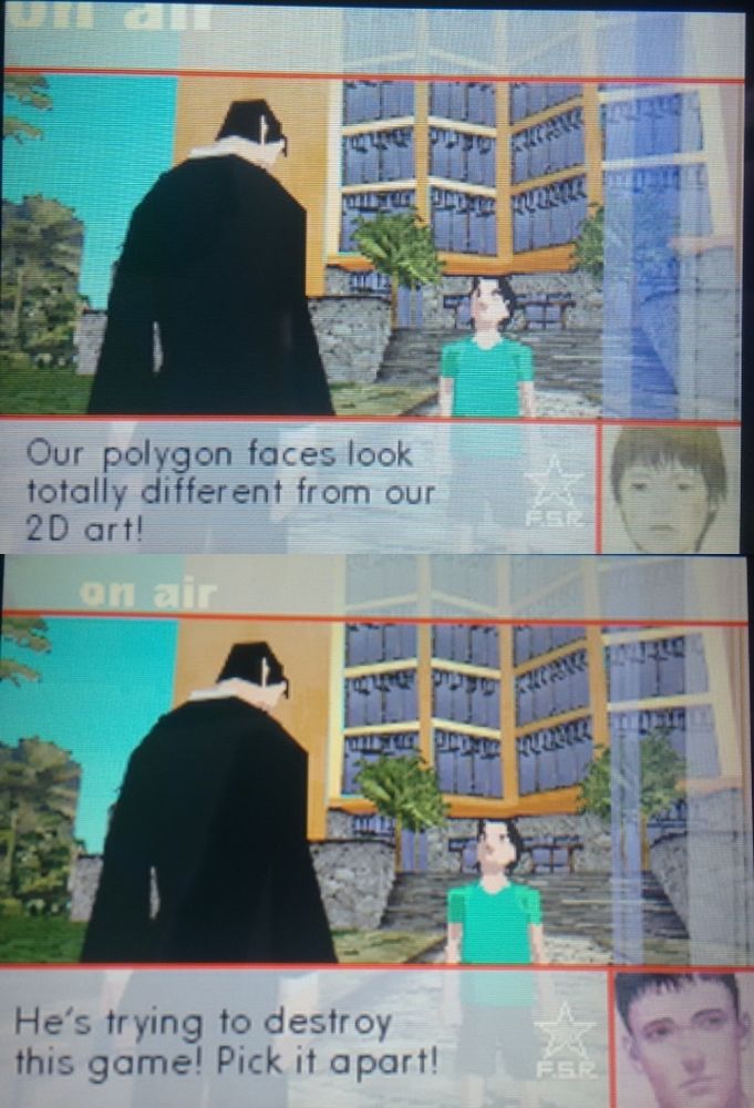 Annoying Kid: our polygon faces look totally different from our art! 
Sumio: he's trying to destroy this game! Pick it apart! 