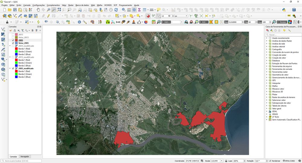 software QGIS, imagem de satélite da cidade de Pelotas e região em 2005
