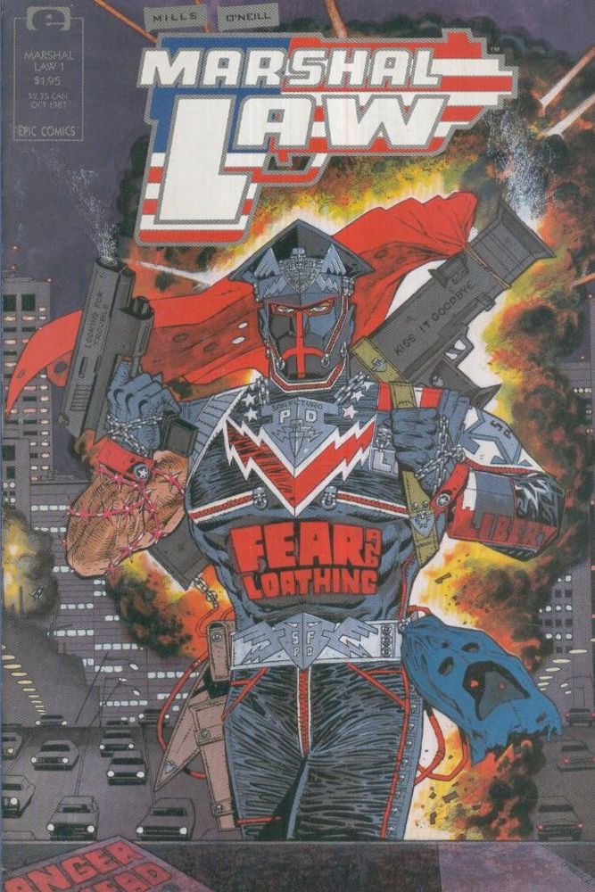 The front cover of Marshal Law issue 1. The titular character is the focal point - a fascist future cop in leather gimp wear, barbed wire, face mask and peaked cap wielding a large firearm.