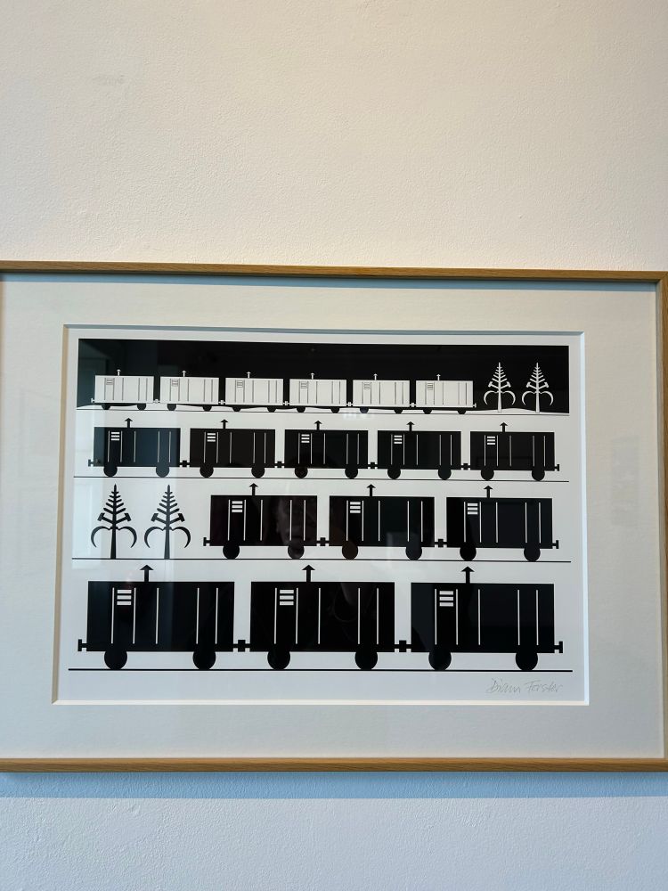 Print showing rows of railway carriages.