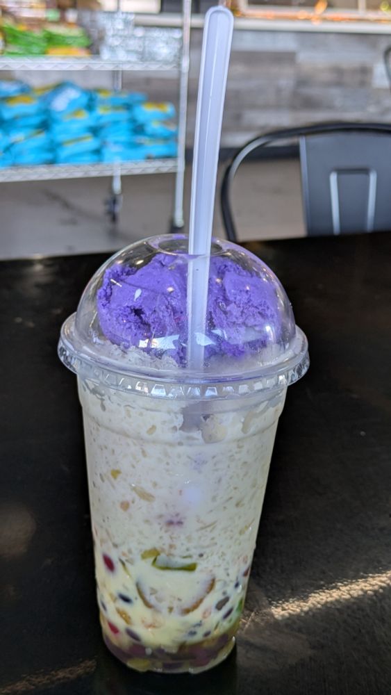 Halo halo, a Filipino dessert, sitting on a table.