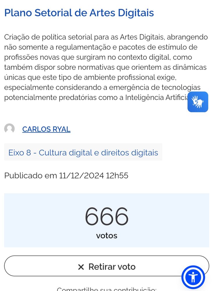 Imagem da tela de voto da proposta, na qual aparece o voto número 666