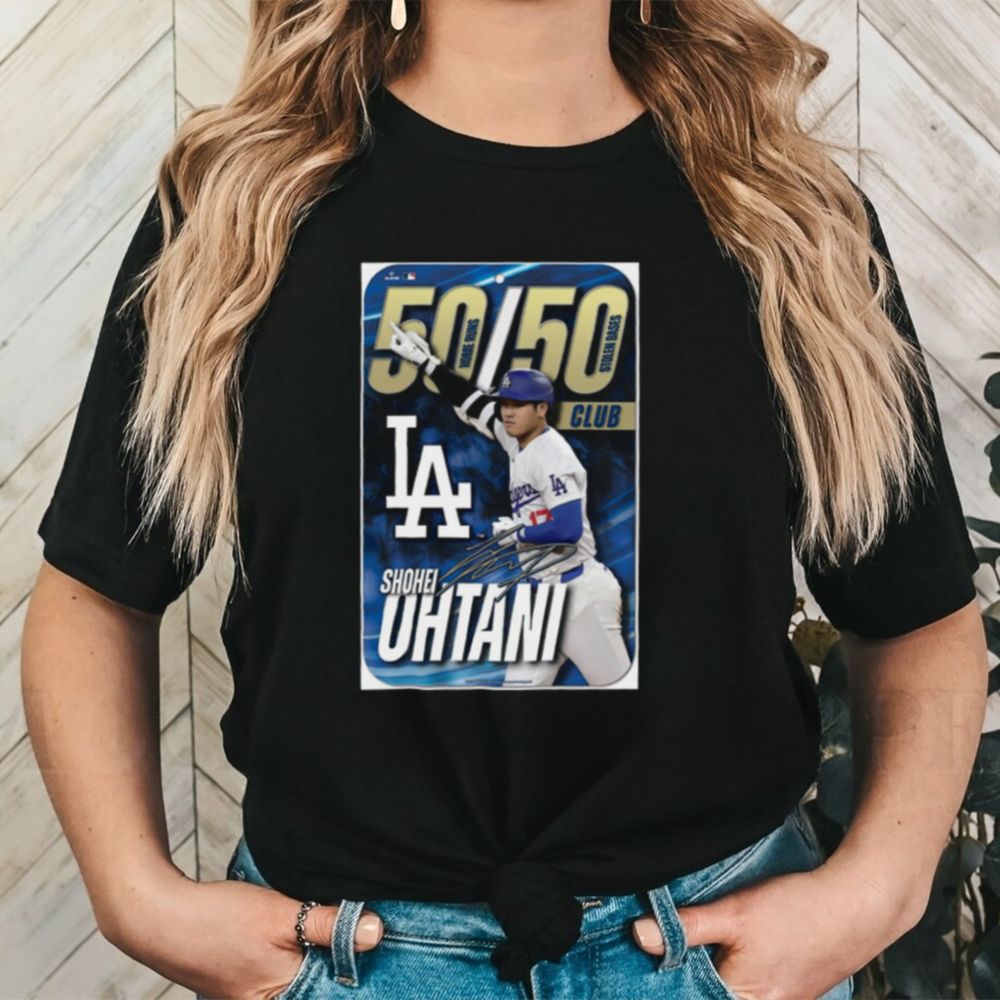 Official MLB Los Angeles Dodgers Shohei Ohtani 50 Home Runs 50 Stolen Bases Club Signature 2024 Poster t shirt - Limotees Fashion t-shirt online