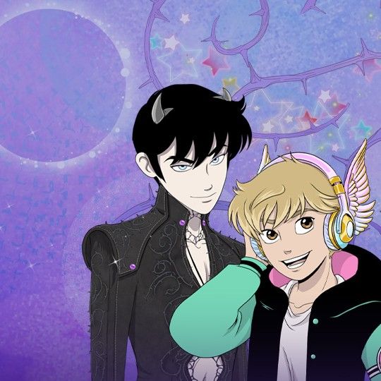 Cinderella Boy banner art, by Punko. Buddy, left, wears a high-collared, open-chested black shirt embroidered with rose thorns and devil horns, with a mischievous or malicious smirk. Chase, right, wears a plain white T-shirt with a teal and pink letterman jacket, angel wing headphones, and is smiling.