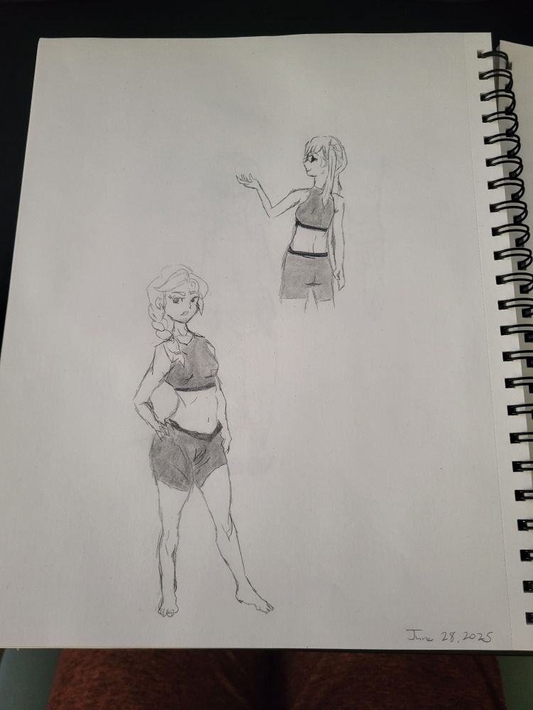 two sketches of women - a smaller one with her back turned, and another woman on the bottom left who looks upset/hands on her hips