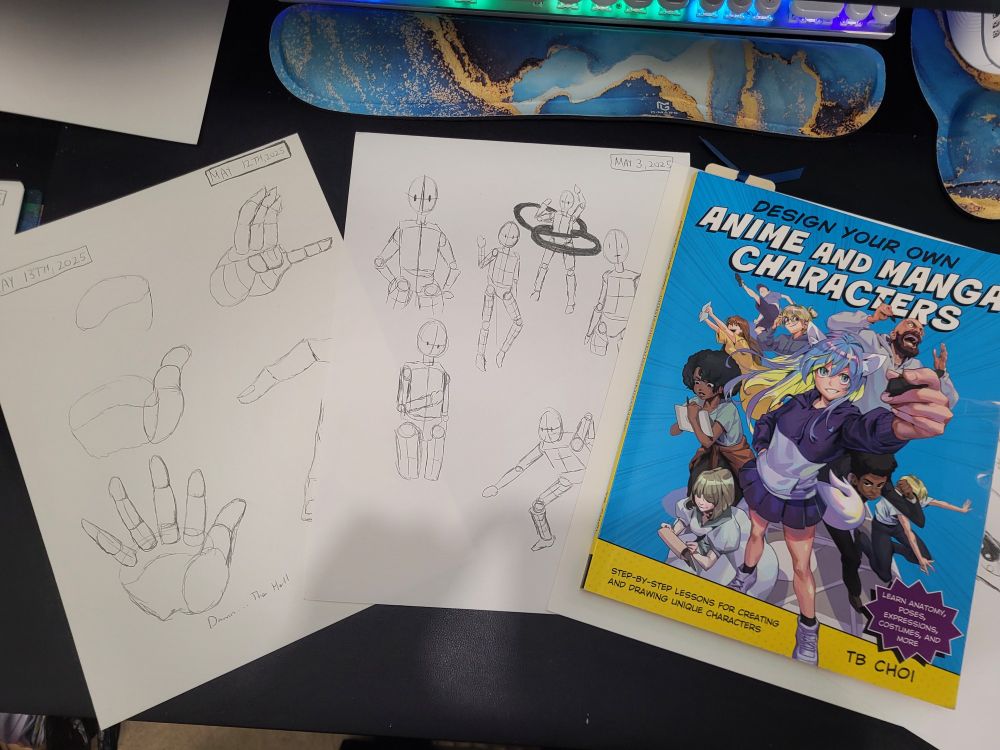 A book from the artist TD Choi is in the picture along with my practice sketches from it - simple hand sketches and full-body sketches broken down into more simple shapes