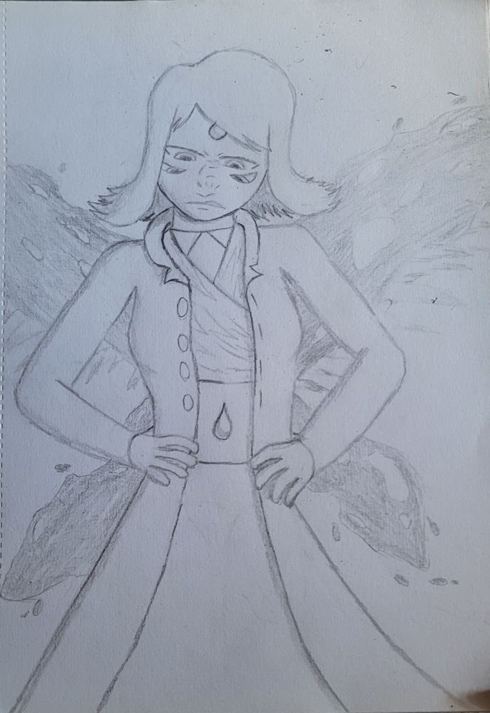 A drawing of a fanmade gem fusion, Blue Topaz from Steven Universe of a Lapis and an Aquamarine