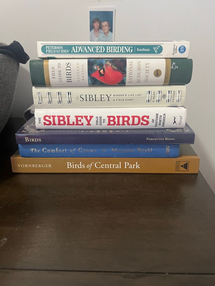 My bird cook collection includes sibleys north, sibleys field journal, birds of Central Park, comfort of crows, birds though opera glass, advanced birding. (Not in order)