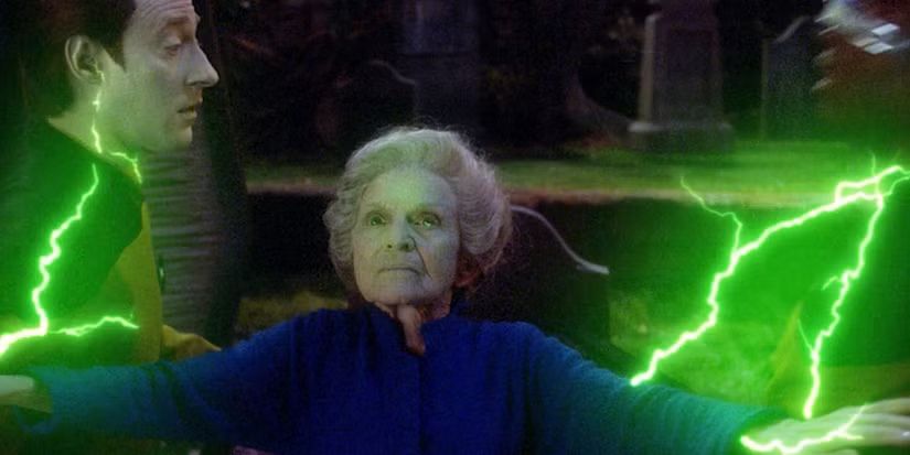 Felisa Howard rises from the grave to unleash the true power of her reanimated libido in the form of green electrical charges on unsuspecting Data and Geordi from the Enterprise.